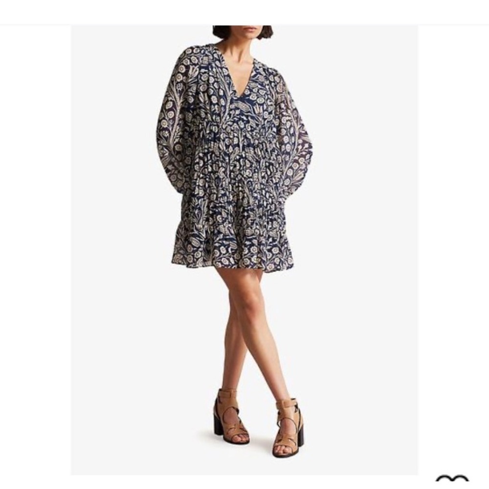 Ted Baker London Navy Blue Floralโ Paisley Tiered Smocked Mini Dress Size M 8/10